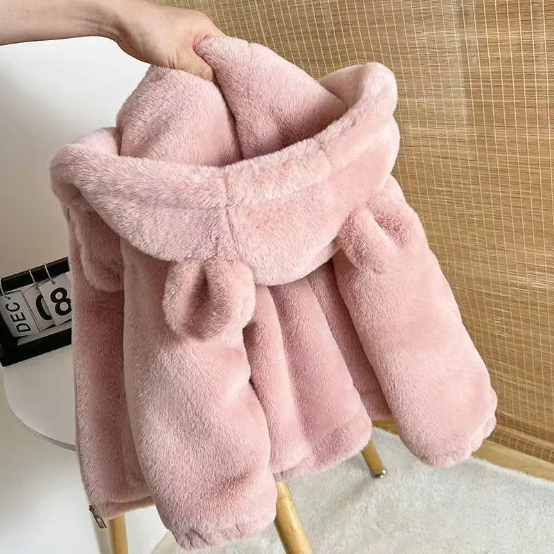 2026 New Girl Baby Hooded Warm Jacket Winter Children's Plush Thick Cute Rabbit like Coat 80-150cm