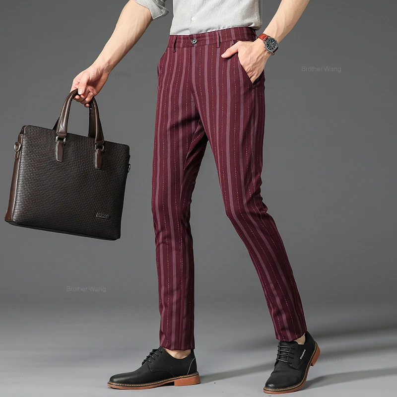 Brand Men\'s Striped Casual Pants Spring Comfortable Elastic Business Slim Straight British Fashion Trousers Black Khaki Wine Red