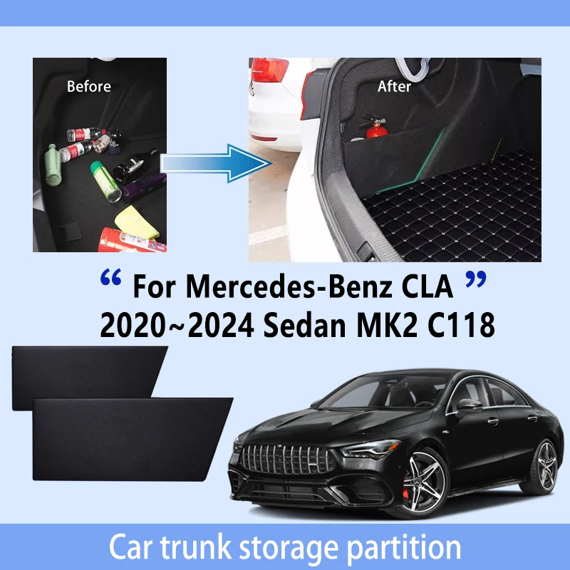 

Автомобильные аксессуары для Mercedes-Benz CLA Sedan C118 2020 ~ 2024 MK2, перегородка для хранения багажника, многофункциональное хранилище, автозапчасти для интерьера