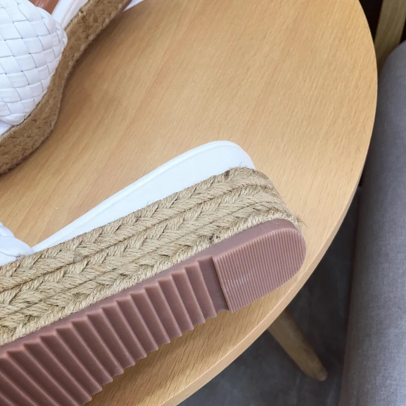 7cm Wedge Sandals Summer Slippers White Belt Weave Beach Platform Sandals Woman Wedges Heels Casual Female Footwear