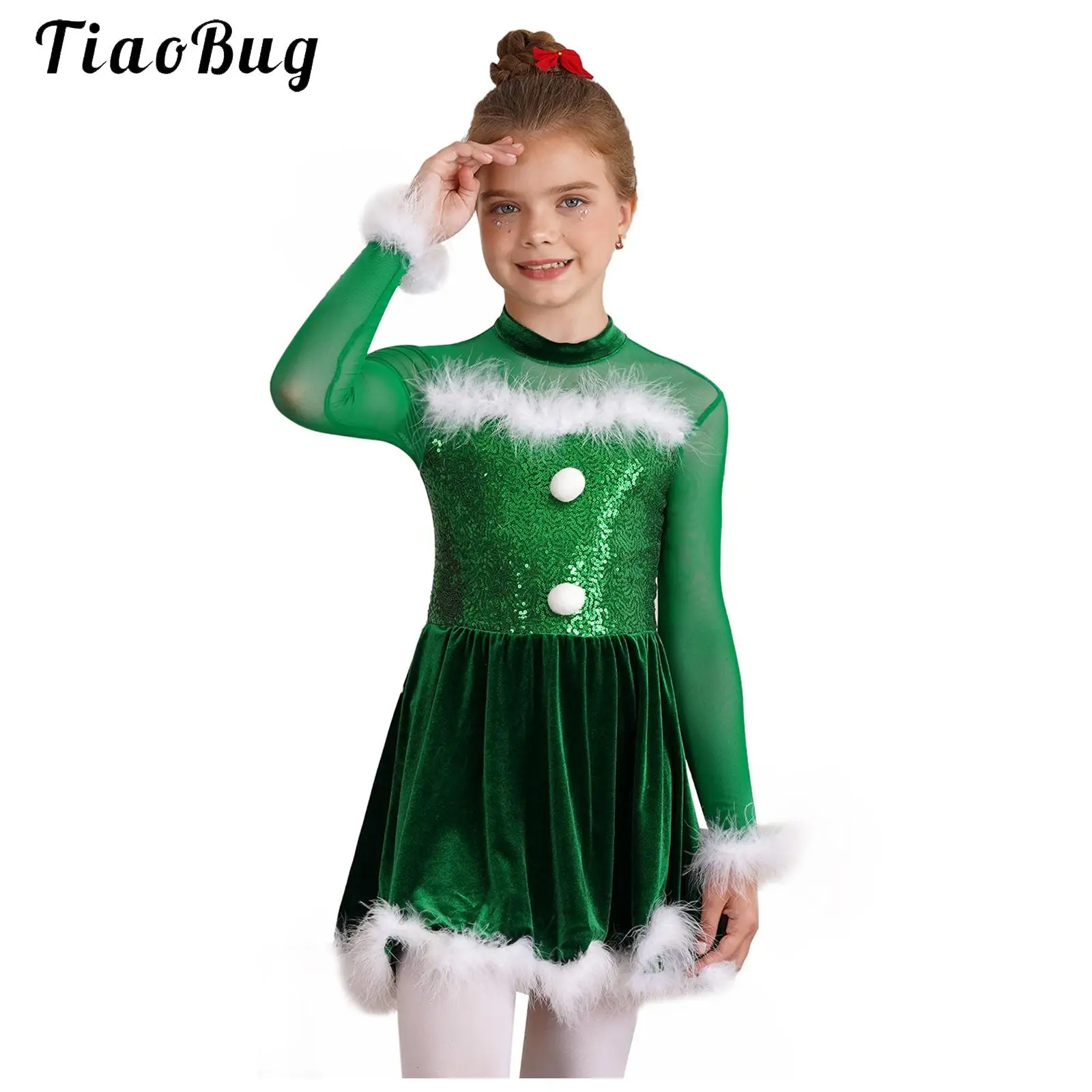 Green Sequin Christmas Dance Costume Kids Girl Sheer Mesh Long Sleeve Tutu Ballet Gymnastics Leotard Dress Figure Skating Outfit