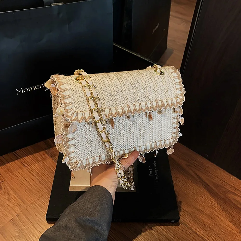 

Spring Summer Square Woven Crossbody Bag Women's Casual Temperament Tassel Buckle One Shoulder Bags Beach Holiday Party Packs