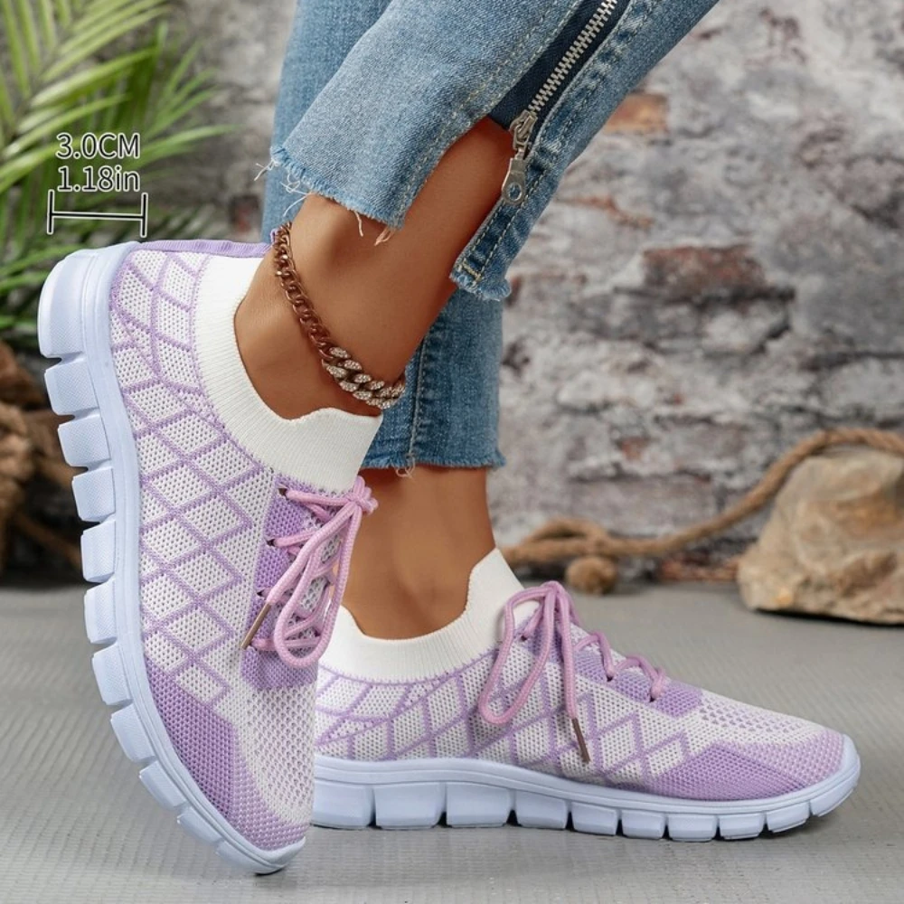 女性用ニットソックススニーカー、菱形パターン通気性軽量快適レ - Knit Fabric Lace Up Sneakers のレビューと価格