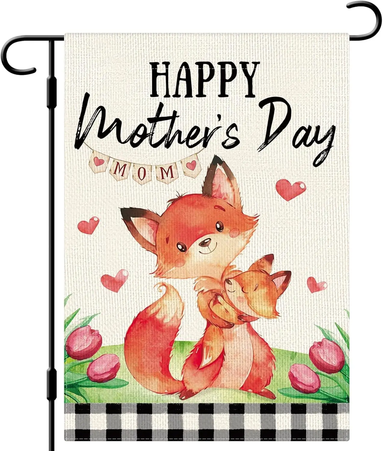 DLZDN Happy Mother's Day Garden Flag Fox Garden Flags 12×18 Inch Double Sided Buffalo Plaid Farmhouse Yard Flag Seasonal Out