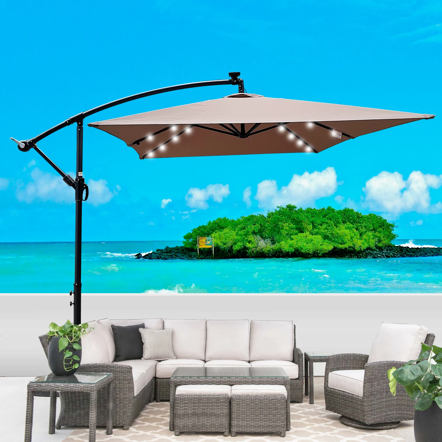 Rectangle 2x3M Outdoor Patio Umbrella Solar Powered LED Lighted Sun Shade Market Waterproof 6 Ribs Umbrella with Crank and Cross