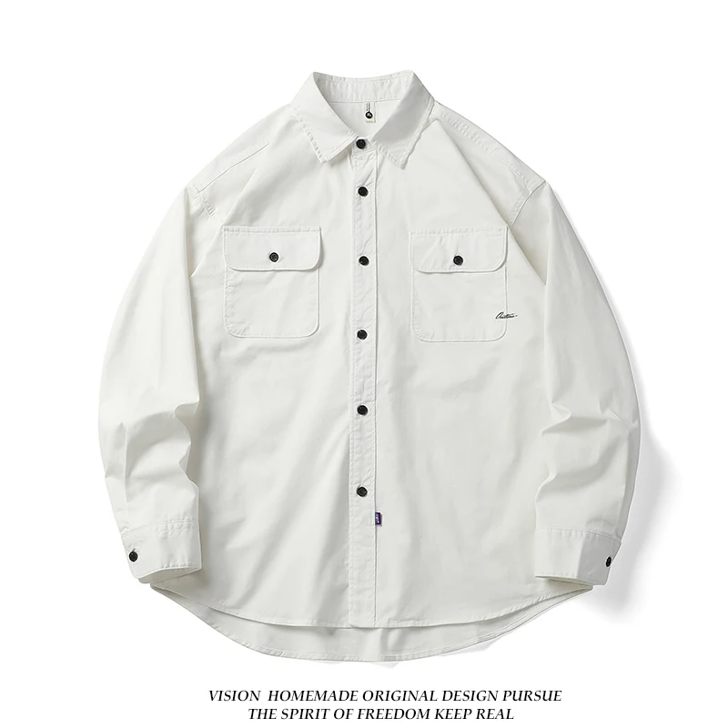 

American Retro Streetwear Loose Casual irt Men's Vintage High Street Long Sve Workwear irt Jaet Breathable Cotton