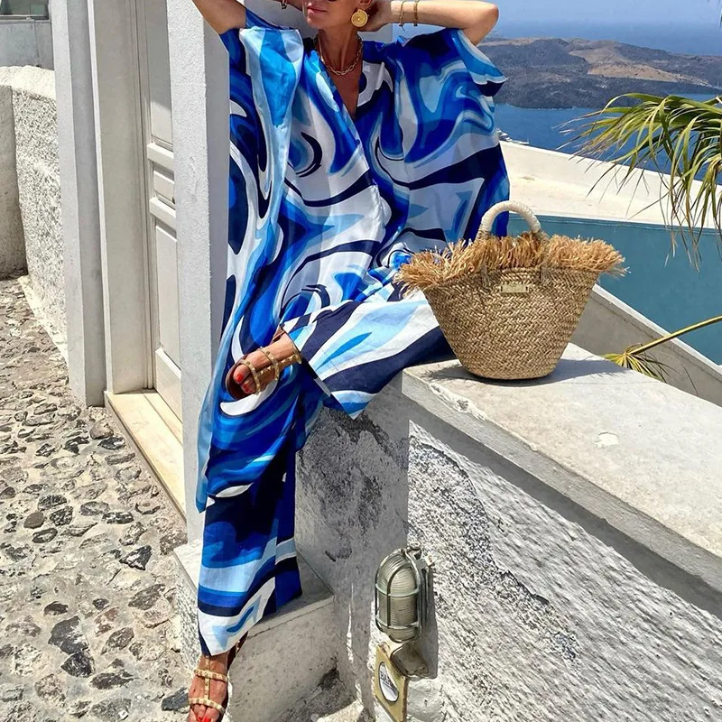 Women's New Fashion Casual Bat-sleeved Long-sleeved Shirt Wide-leg Trousers Tie-dye Printed V-neck Single-breasted Two-piece Set