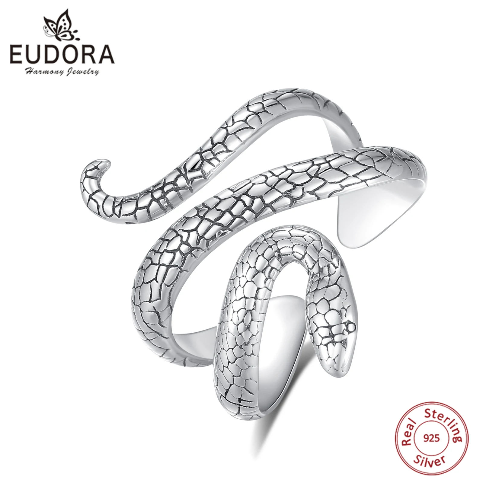 Eudora 925 Sterling Silver Snake Adjustable Ring Vintage Textures Cobra Ring Personalized Jewelry Party Gift for Women Man