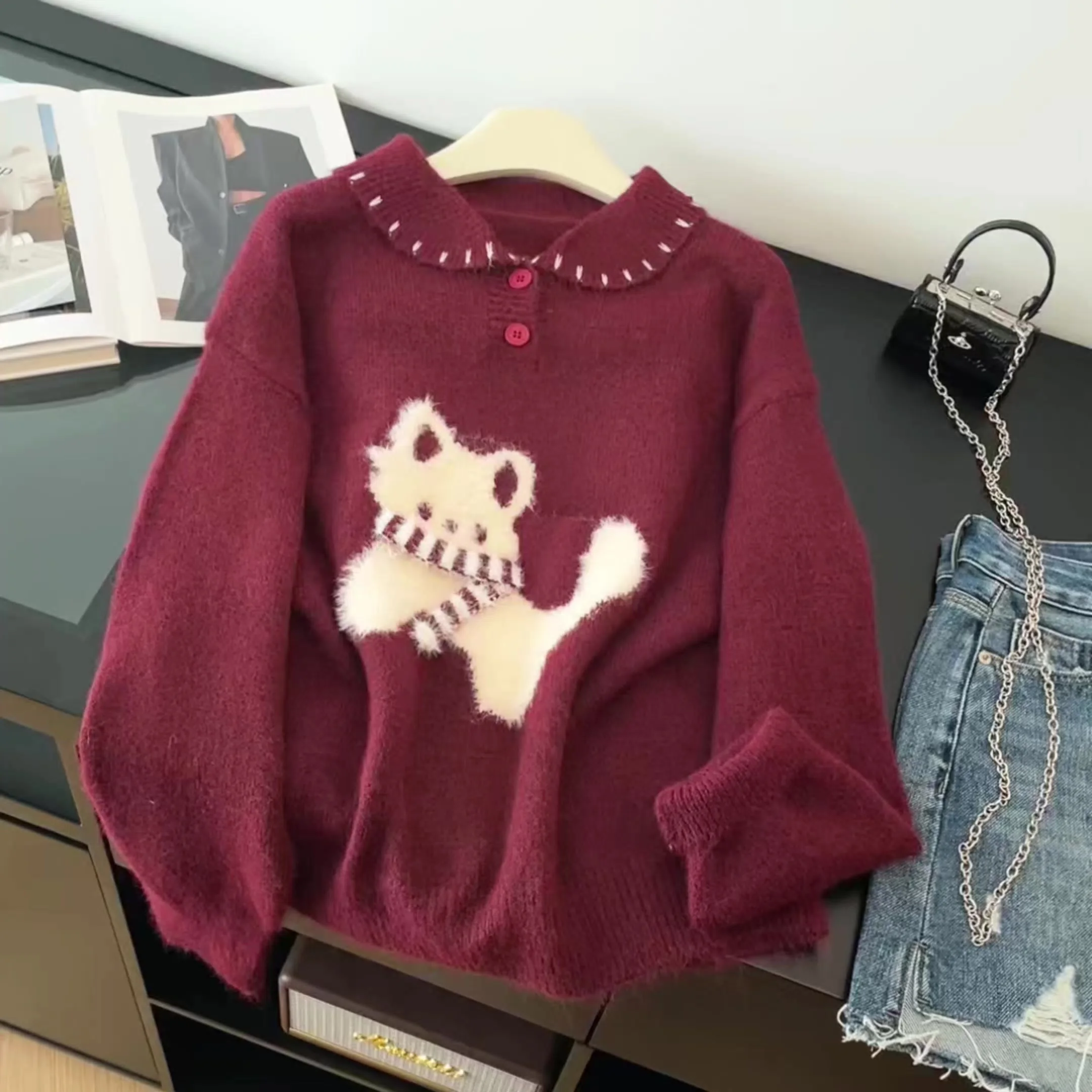 

Women's Christmas Red Jacquard Knit Pullover Cozy Sweater Vintage Long Sleeves Cashmere Sweater Spring Autumn 2000s Clothes 2025