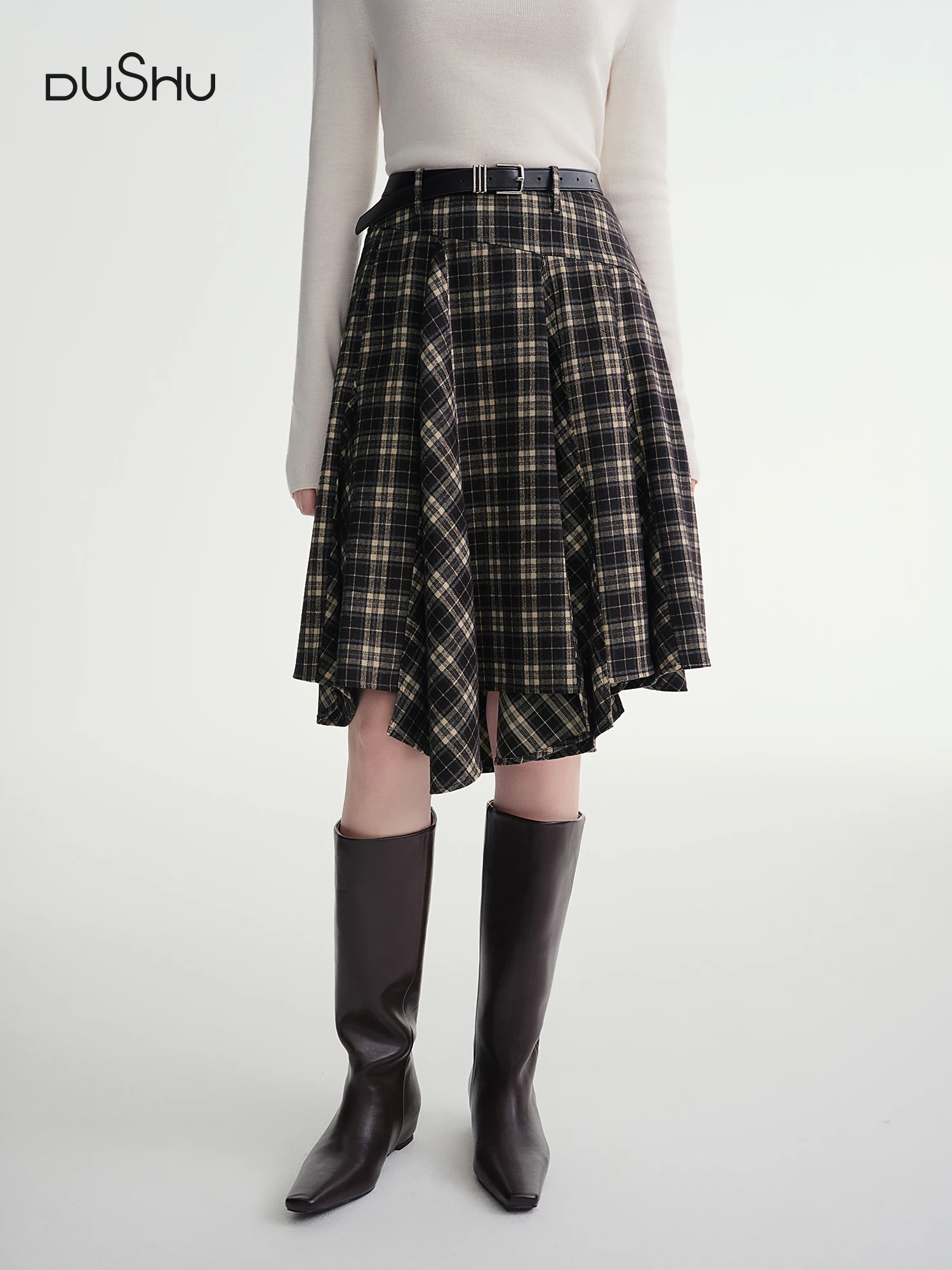 

DUSHU Irregular A-line Skirt 2025 Winter Skirt Women Vintage American Style Plaid Streetwear Leisure Mid-length Y2k