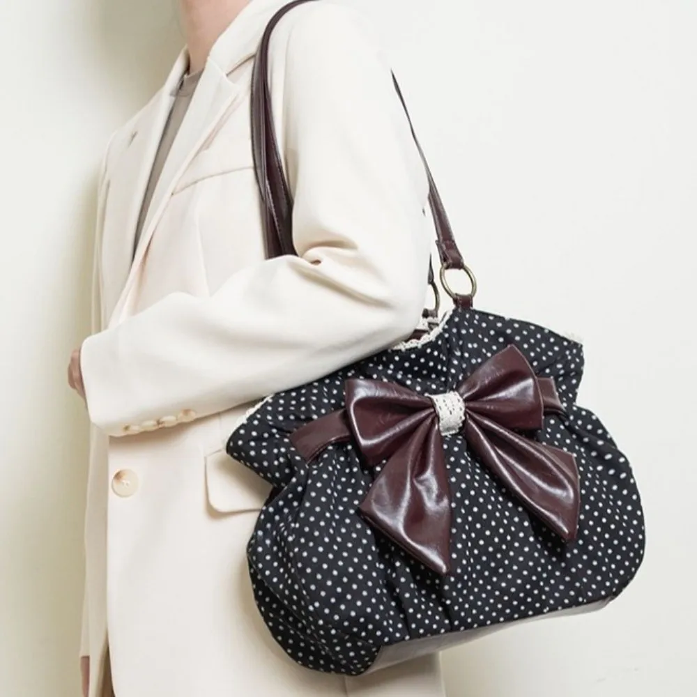 

Sweet Vintage Polka Dot Tote Bag Large Capacity Lace Trim Women Handbags Stylish Versatile Bow Shoulder Bag Office Lady