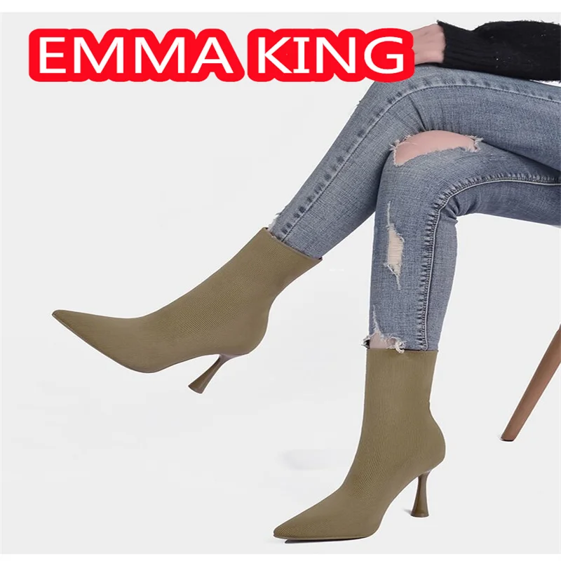 2024 New Knitted Elastic Sock Boots Winter Fashion Pointed Toe Thin Heeled Sexy Nightclub Party Women Ankle Boots botas mujer