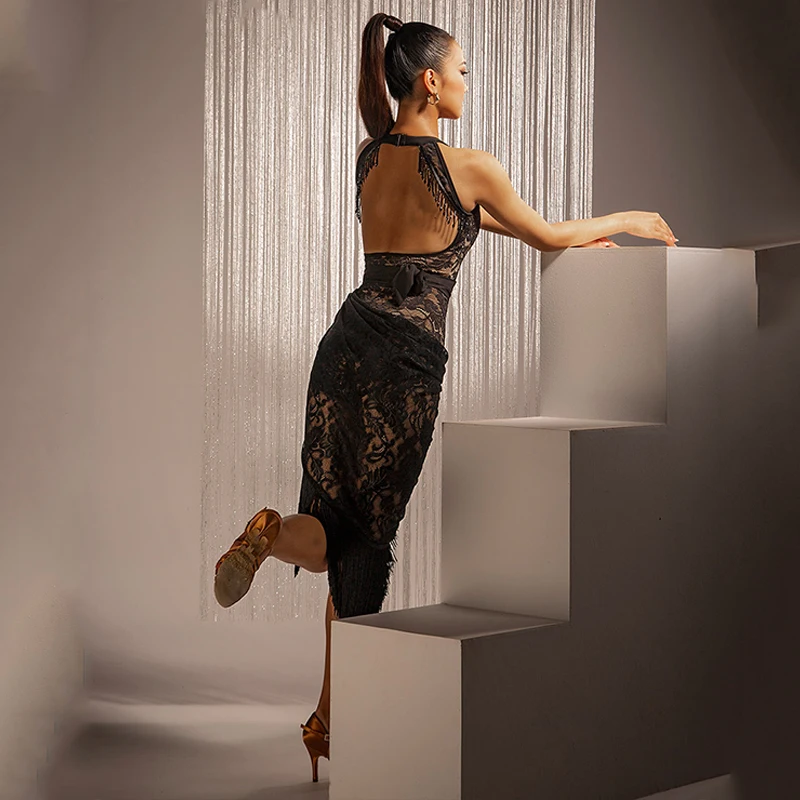 Nouveau haut de danse latine femme dos nu dentelle frangée body Sexy Performance Costume Cha Cha robe de danse de salon