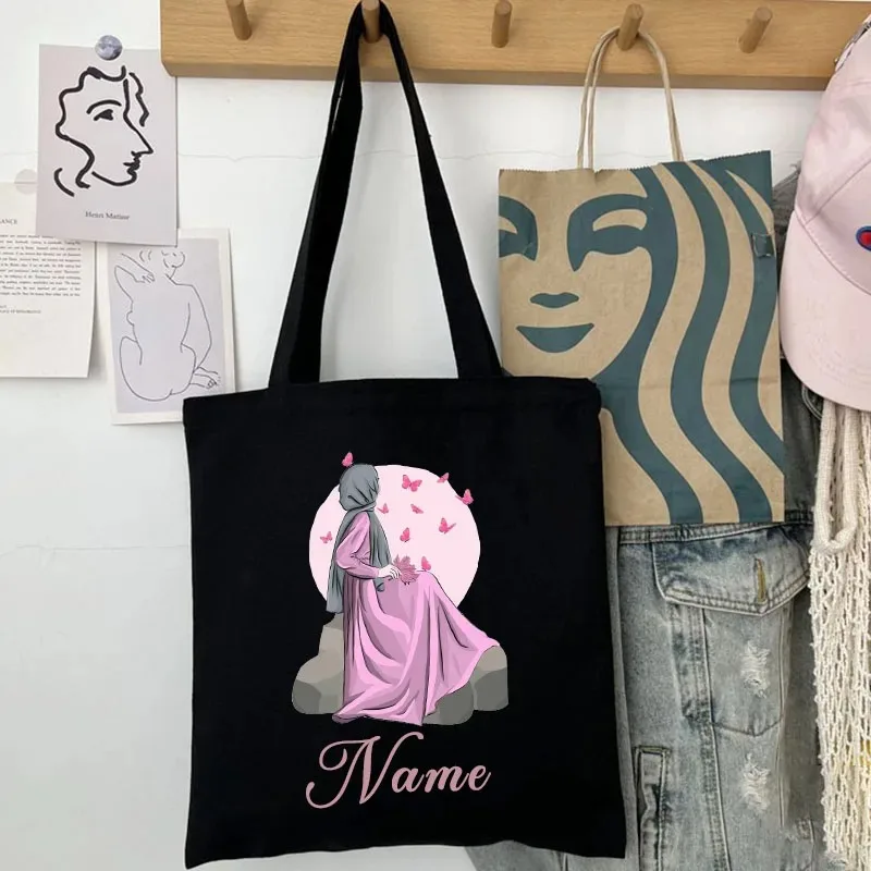 Personalized Eid Al Fitr Tote Bag for Ladies Custom Name Shopping Handbags Large Capacity Travel Luggage Clutch Cloth Totes