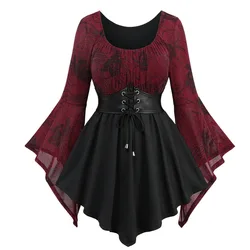 ROSEGAL Plus Size Womens Autumn Long Sleeve T-Shirt Flower Print Ruched Lace-Up PU Belted Patchwork Colorblock Top Casual Blouse