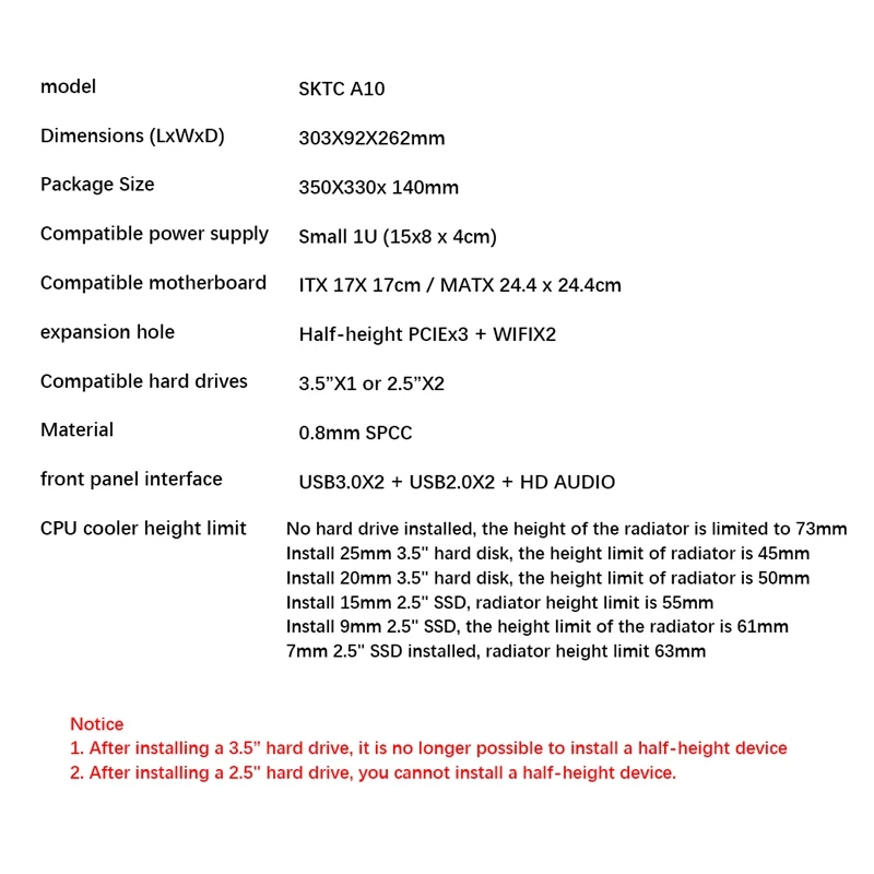 SKTC A10 미니 MATX24X24 HTPC 컴퓨터 케이스, 소형 1U 전원 공급 장치, 7.3L