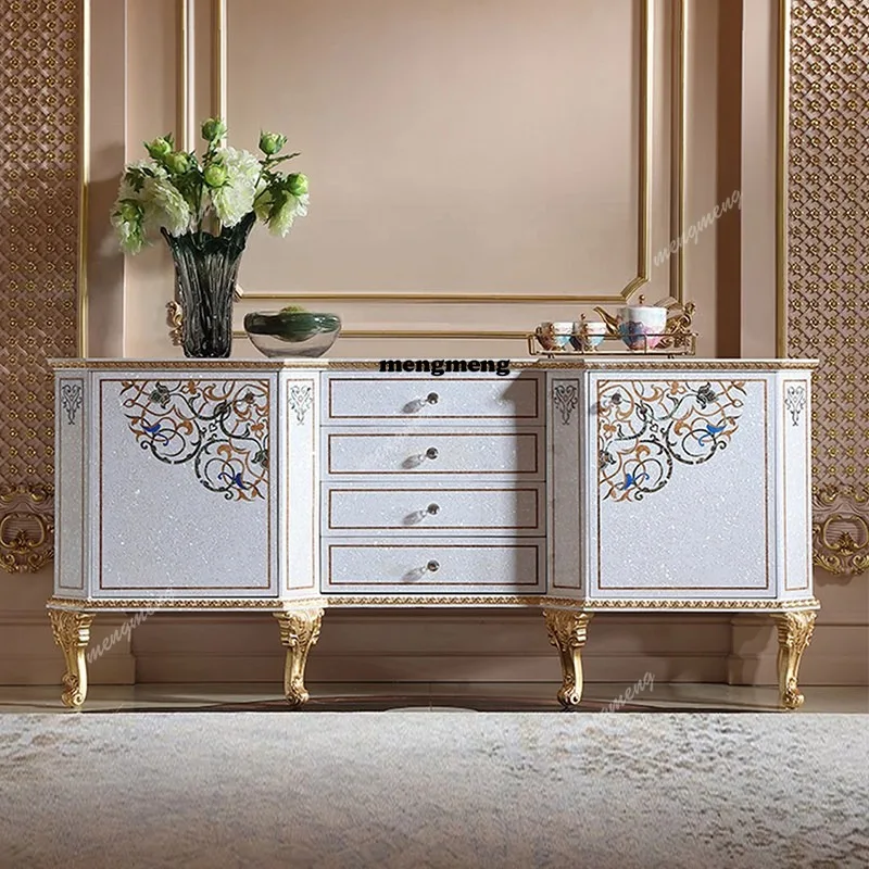 French solid wood painted entrance cabinet household decorative locker European court carved dining side cabinet