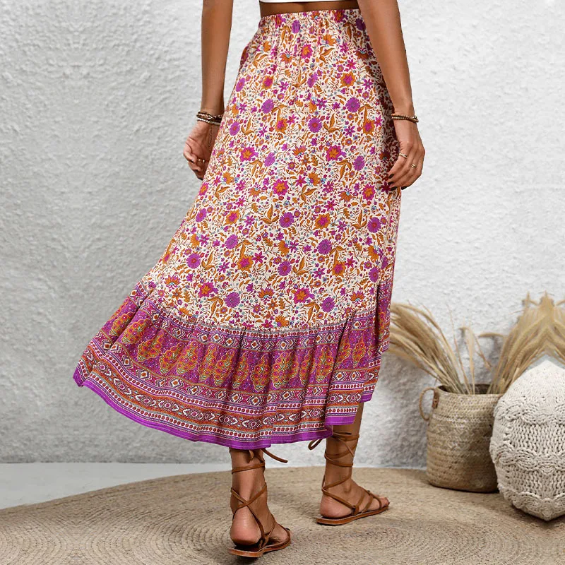 Summer New Women's Casual Bohemian Half Skirt Elegant Women's High Waist Positioning Printed Floral Asymmetric Half Skirt