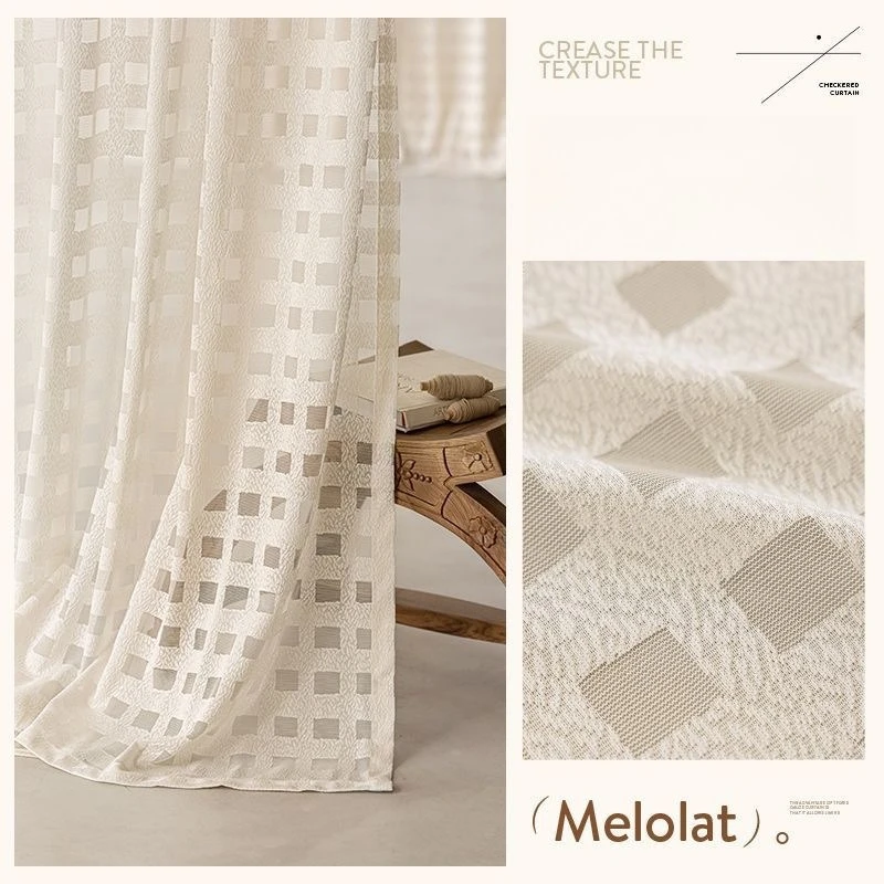Custom Size New Linen Gauze Curtains for Living Room, Light-permeable But Opaque, Checkered Pattern for Bedroom and Balcony.