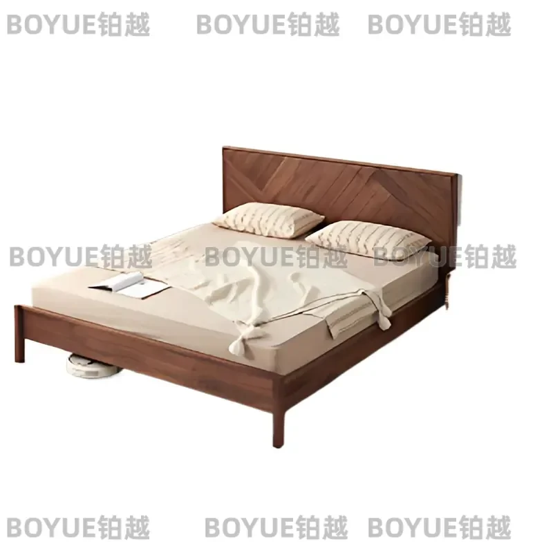 Modern Black Walnut Solid Wood Bed Nordic Style High Backrest Double Platform Frame for Master Bedroom Simple Cherry Wood
