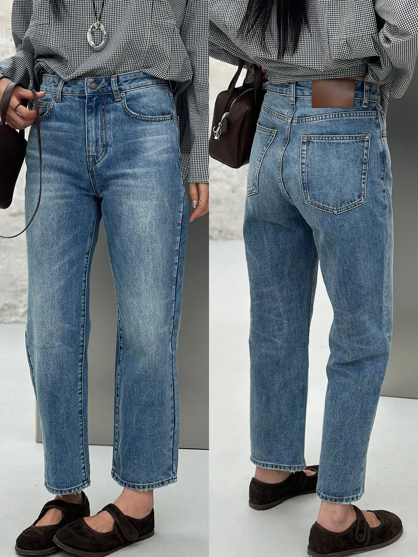 

Джинсы с высокой талией и прямыми штанинами, винтажные, повседневные, из смесового хлопка, на молнии, однотонные, на все сезоны