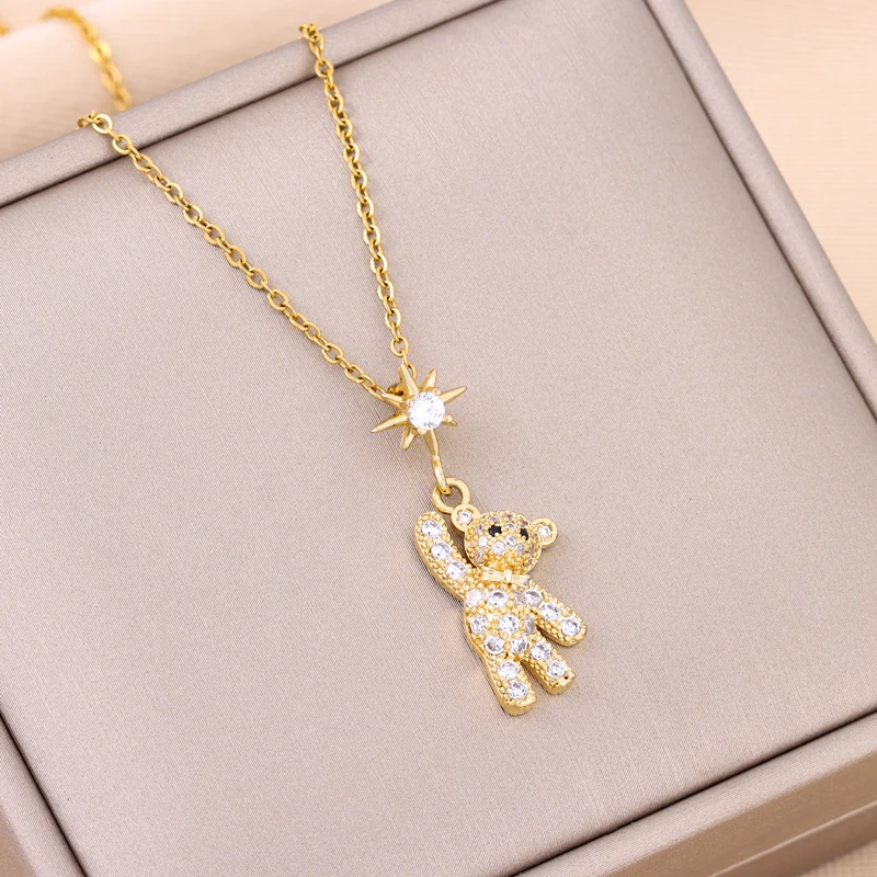 New Cute Hello Bear Pendant Necklaces For Women Temperament Fashion Stainless Steel Female Clavicle Chain Ladies Neck Jewelry