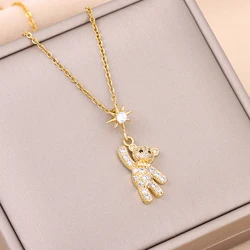 New Cute Hello Bear Pendant Necklaces For Women Temperament Fashion Stainless Steel Female Clavicle Chain Ladies Neck Jewelry