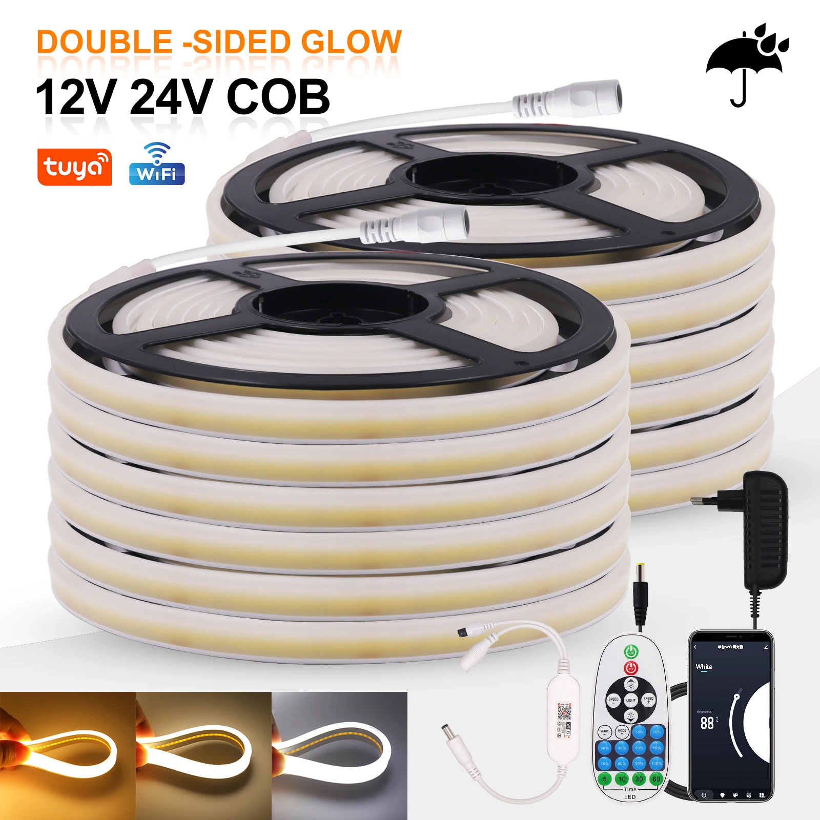Bande LED COB à intensité variable 12V 24V Tuya Wifi Bluetooth ruban néon Flexible ruban 320LED lumière linéaire haute lumière LED COB étanche