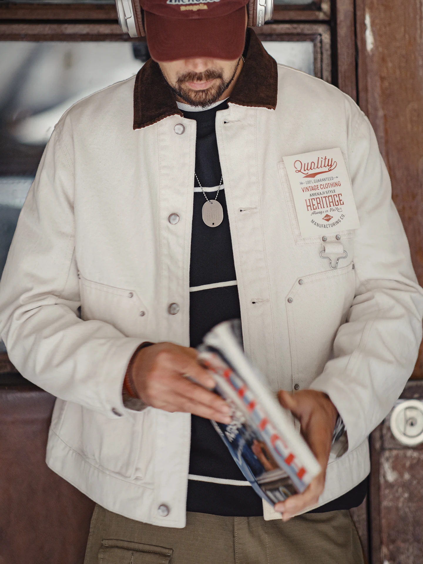 Chaqueta de Trabajo Maden Estilo Americano con Cuello de Pana J22, Chaqueta Blanca para Hombre, Ropa de Primavera, Estilo Casual
