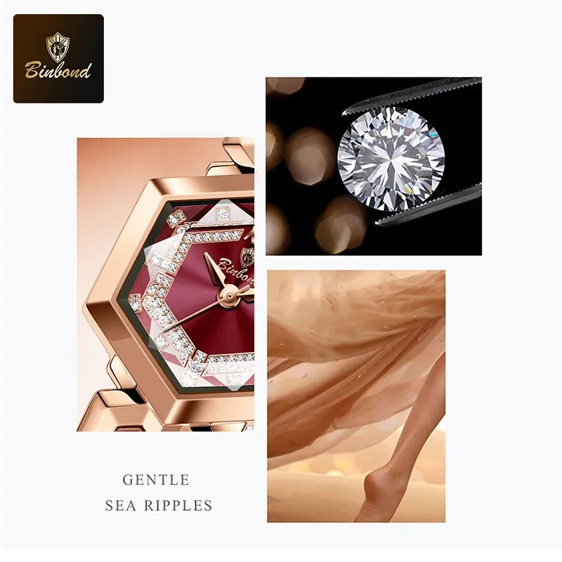 BINBOND ساعات نسائية أنيقة موضة المعين مرآة السيدات ساعة اليد مقاوم للماء مضيئة الماس الهاتفي ساعة كوارتز أصلية #6