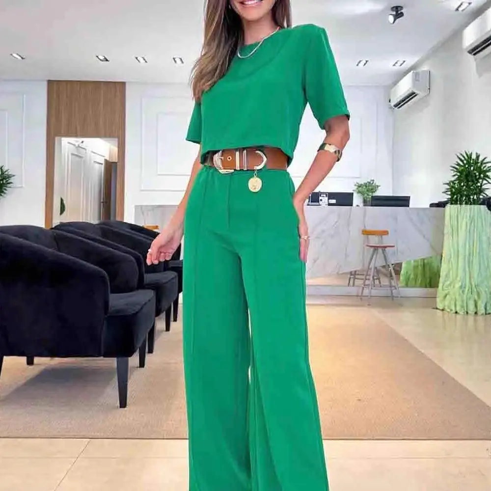 

Summer New Arrival Casual Commute Pure Color Short Sleeve Suit Pants Fashionable Three-Piece Set Women's Shirt European ...