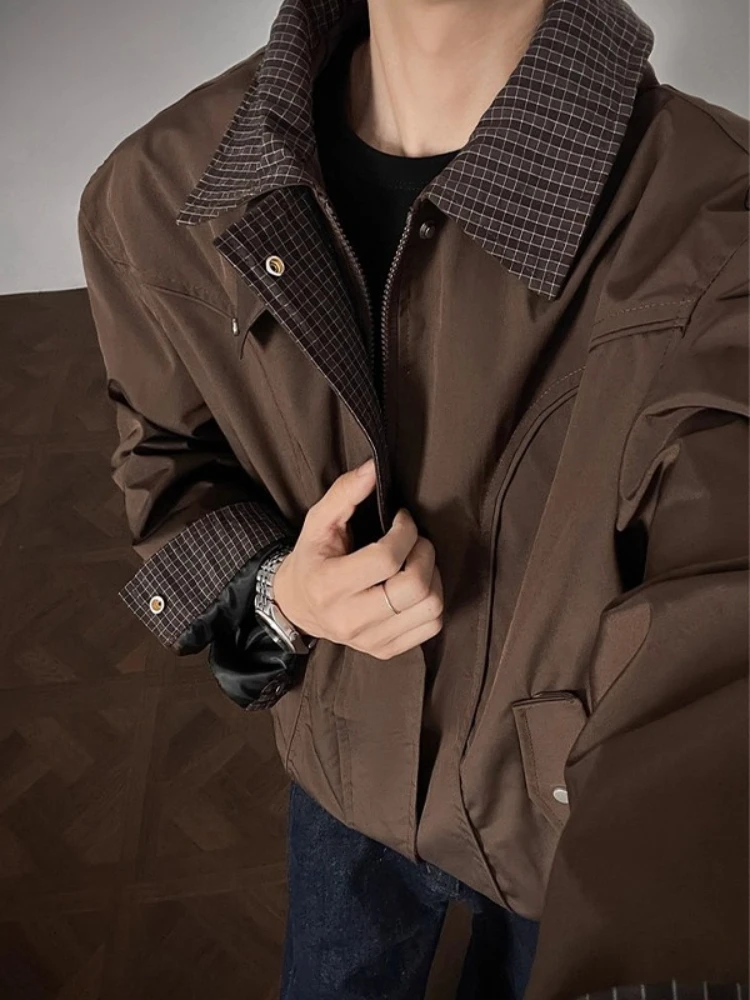 Vintage Paneled Plaid Collar Jacket Men Fall Cleanfit Edgy Cargo Outerwear Tapered Utility Coat Casual Double Placket Streetwear