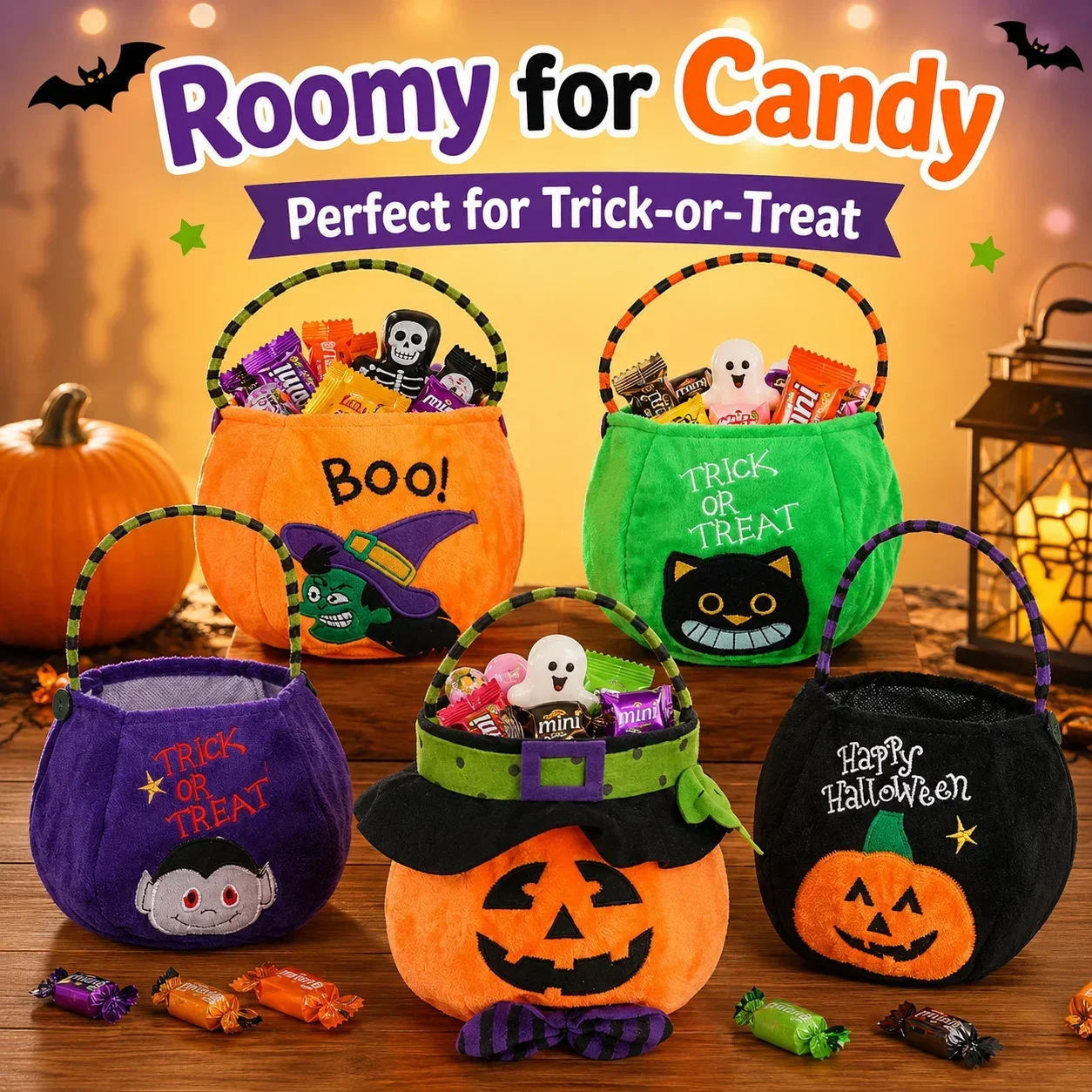 Spooky Holiday Storage Supply 1PC Plush Pumpkin Hand Tote Bag Embroidered Witch Cat Vampire Kids Trick Or Treat Goodie Bucket - view 6