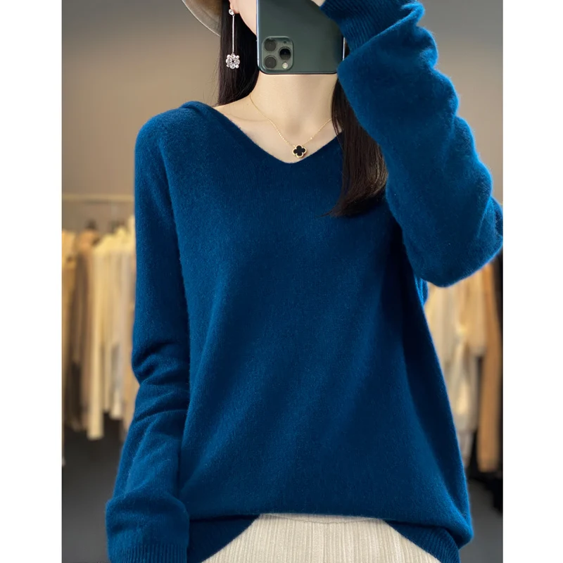 

2024 Spring and Autumn Hooded Sweater Women's Thin Sweater Loose Sweater Hooded V-neck Sweater