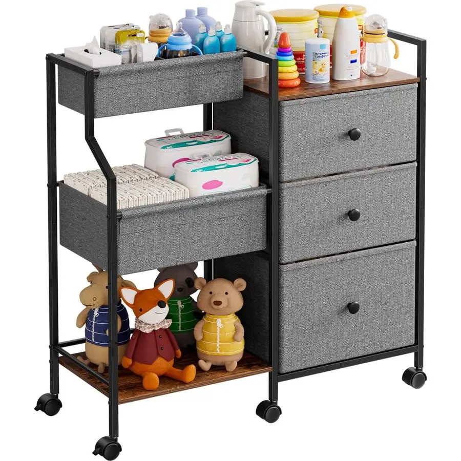 

Diaper Caddy Organizer Cart 3 Tier Rolling Cart with Dividers and Drawers, Easy To Assemble, Mobile Utility Cart with Wheels for
