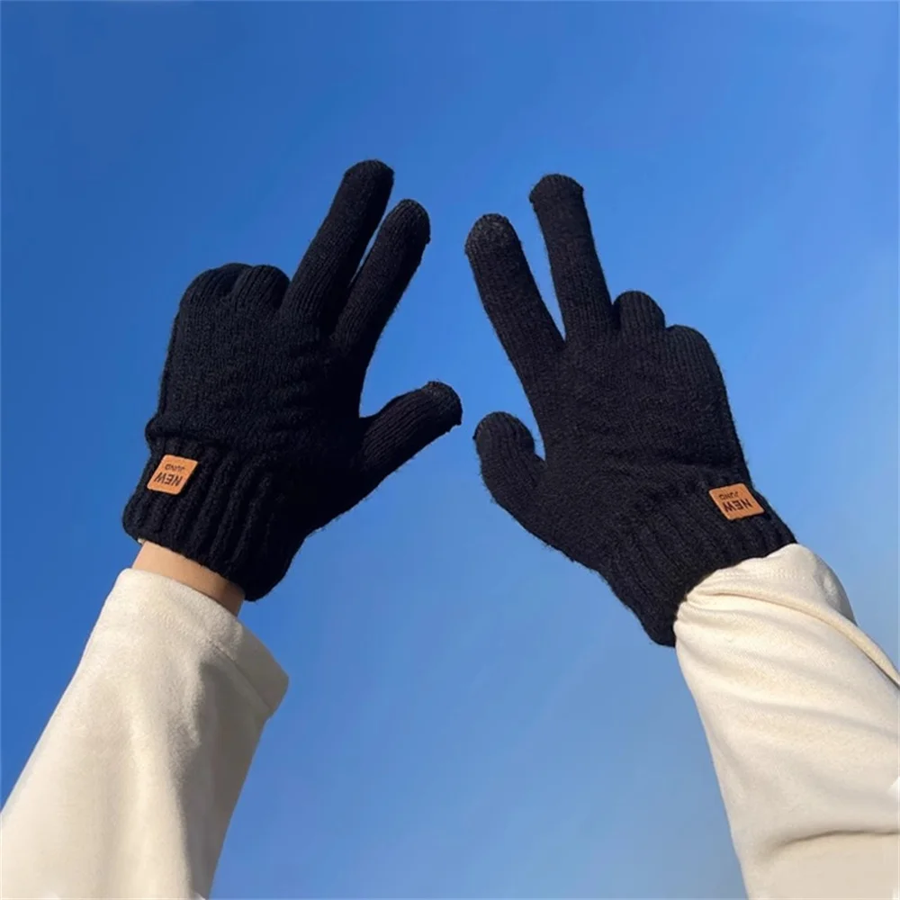 Men Mittens Women Gloves Winter Thick Double Layer Knitted Leather Label Cold Proof Warm Solid Screen Finger Gloves Mittens New