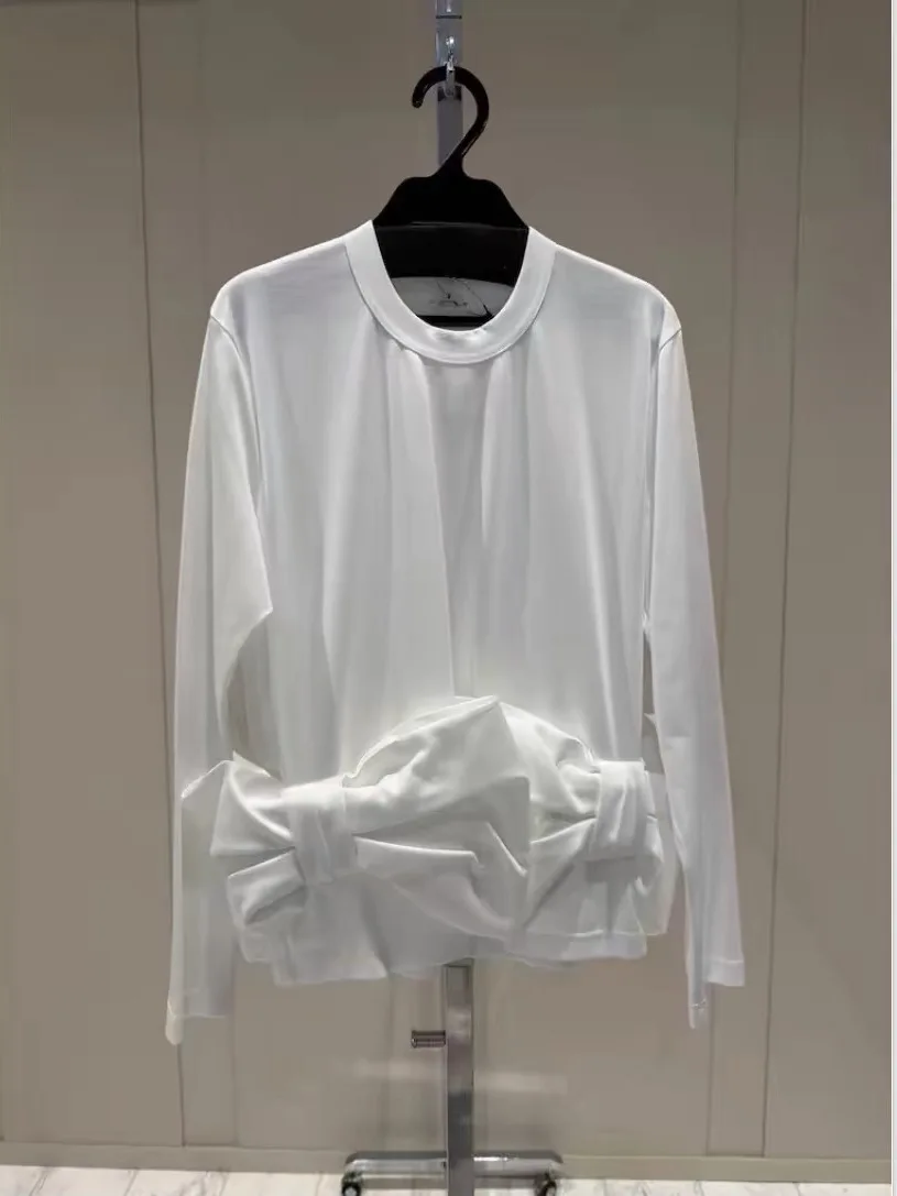 Elegant  Knot Waist-Cinching Long Sleeve round Neck  Color Base Shirt Women's Casual Style Standard Fit T-shirt