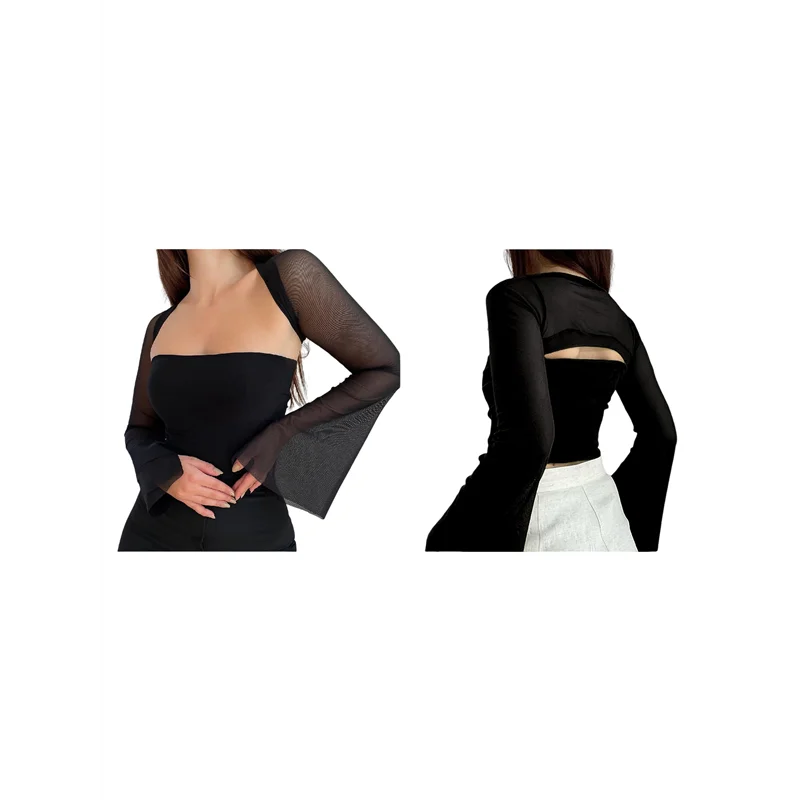 

CYL-женские комплекты из двух предметов, сетчатый корсет с длинными рукавами, модный топ Y2K с квадратным вырезом, бюстье, укороченные топы с шалью