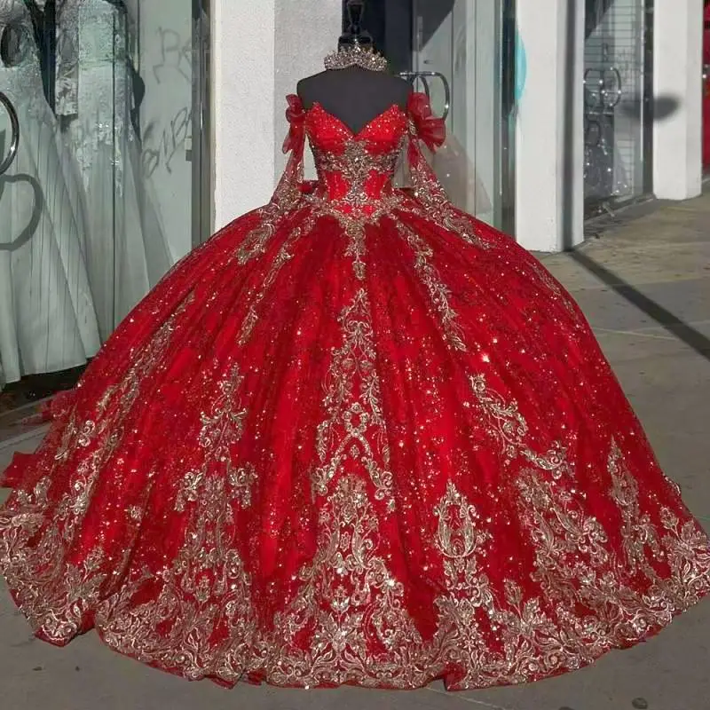 Customized Shiny Red Burgundy Quinceanera Dresses Flower Appliques Princess Birthday Party Gown Vestidos de 15 años