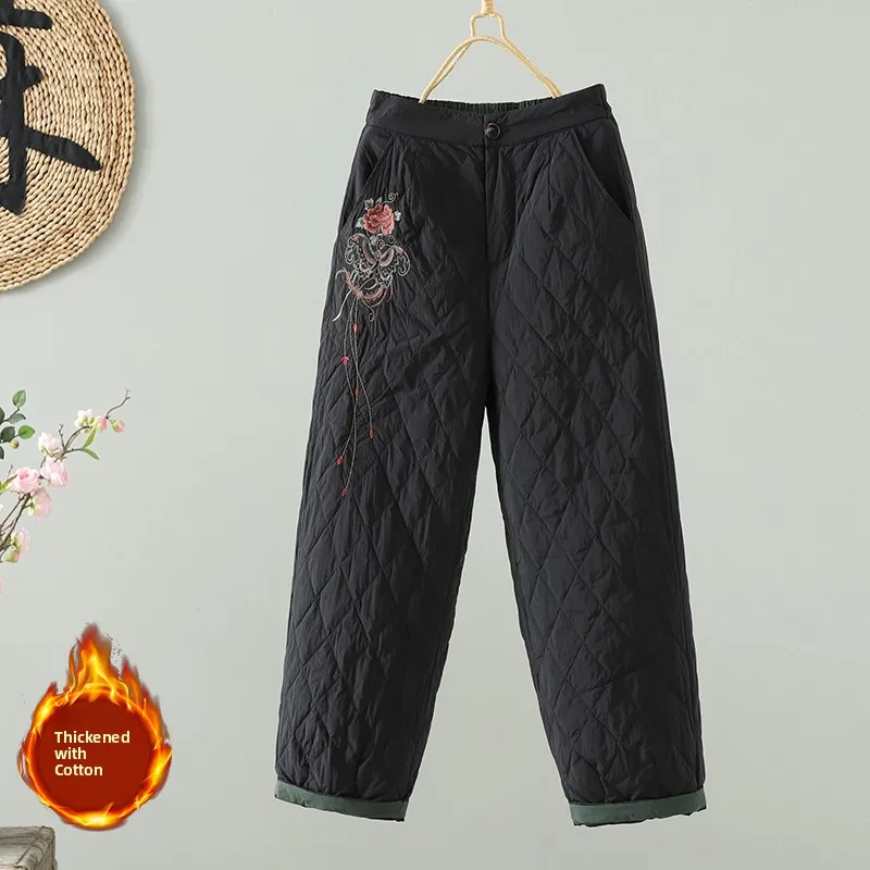 Pantaloni lunghi in cotone con ricamo pesante Ele Calore da donna Colore dimagrante Pantaloni lunghi a vita alta Faion invernale