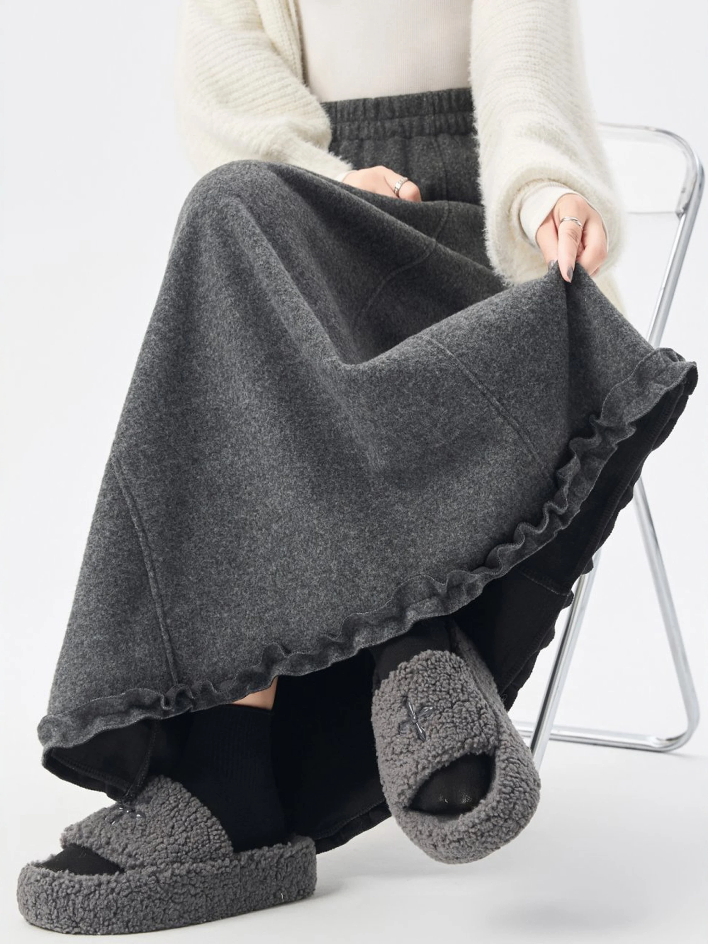 

Шерстяная юбка миди с деревянной пряжкой для женщин, с высокой талией, А-силуэт, свободного кроя, повседневная, весна-осень, длинная юбка