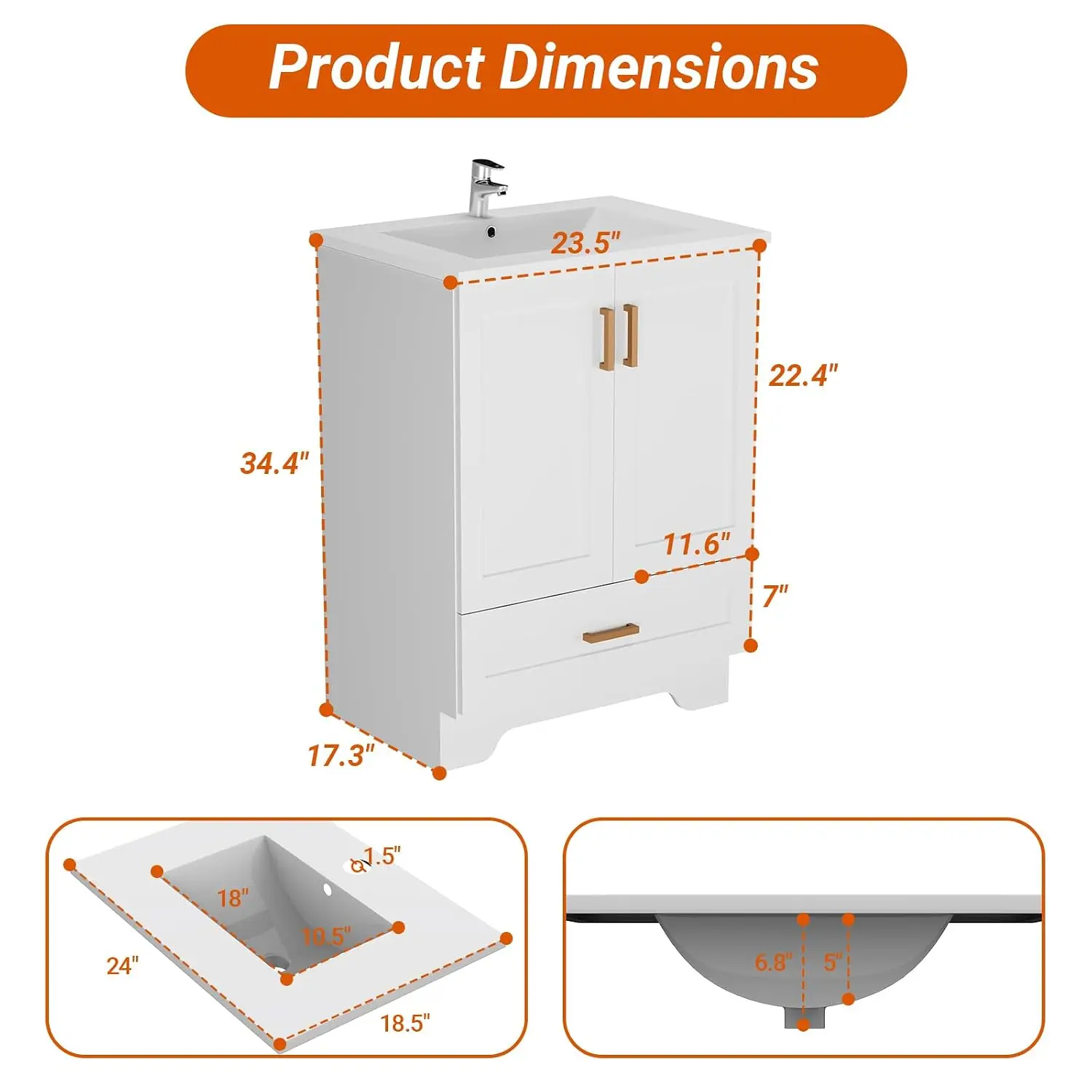 24 Inch Bathroom Vanity with Sink – White Freestanding Vanity with Soft Close Drawers & Double Soft Close Doors,, Customized