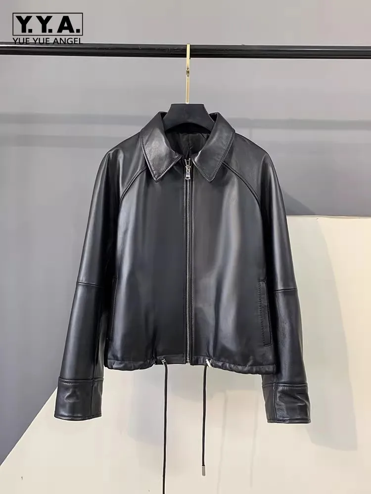 Vendita calda autunnale Giacca femminile in pelle di pecora naturale con coulisse Colletto couverture Cappotto corto Cerniere superiori Capispalla in vera pelle da donna