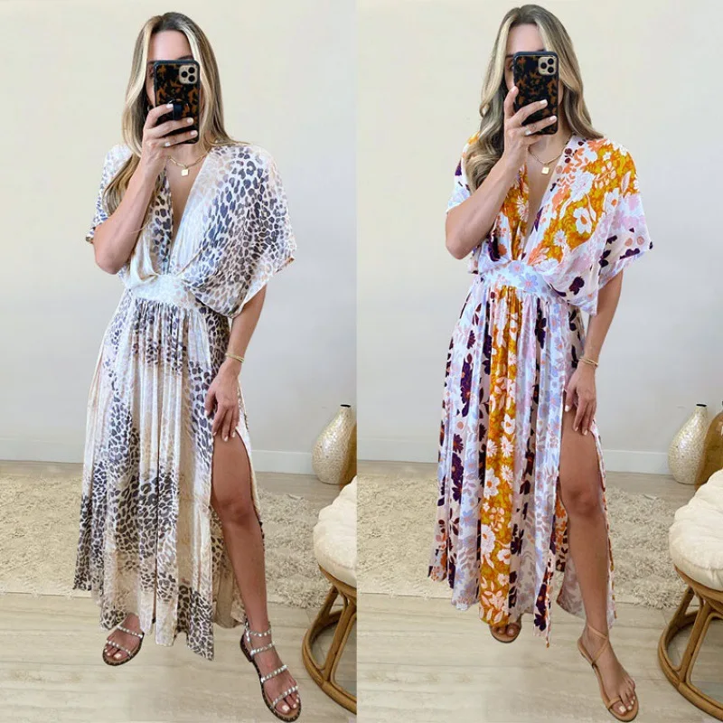 

2024New Batwing SleevevCollar Printed Beach Dress Sexy Dress