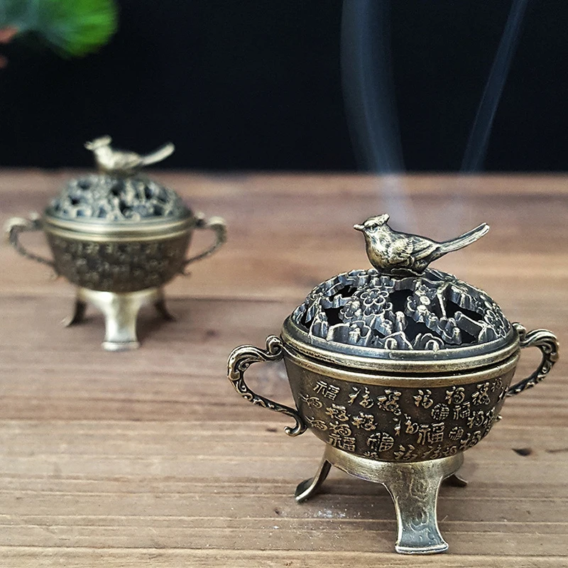 Handheld Bird Incense Holder,Vintage Alloy Hollow Out Incense Stick Incense Holder With Cover Aromatherapy Ornament For Yoga