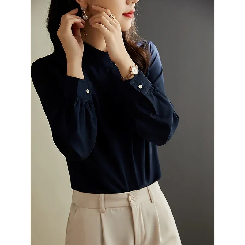 Navy Blue Stain Shirt Spring Summer Fashion Blouse 2023 Korean Style Elegant Shirt Long Sleeve Round Neck Shirt for Female