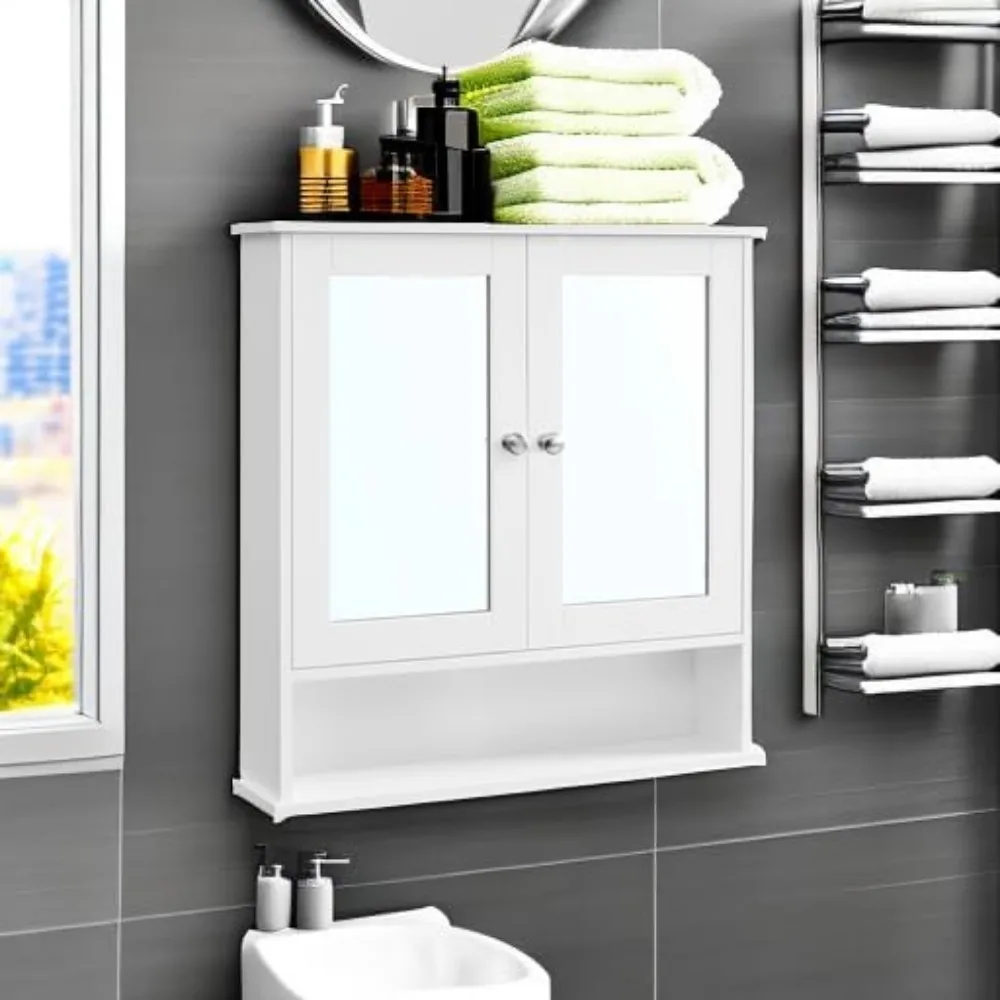 Bathroom Cabinet with Mirrors, Wall Cabinet with 2 Mirror Doors, Adjustable Shelves, Open Compartments, Wall Mounted