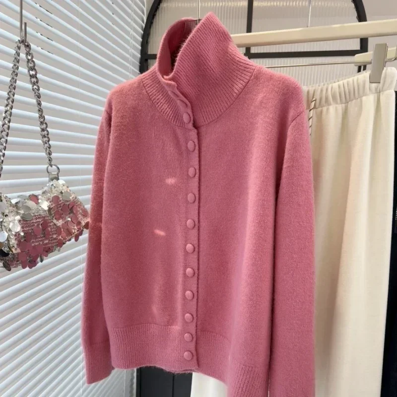 

Temperament Versatile Lapel Breasts Korean Knitted New Autumn and Winter Cardigan Simple Turtleneck Sweater Jacket Retro