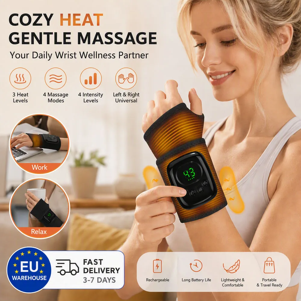 Massaggiatore per Polso con Compressione d'Aria e Riscaldamento, 4 Modalità, 3 Livelli di Calore, Pressione Regolabile, Display Digitale, Senza Fili, Rilassatore per Mani, Batteria Ricaricabile,