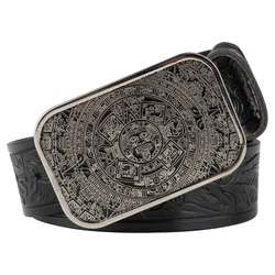 Aztec Calendar Alloy Buckle Eembossed Leather Belt Leisure Fashion